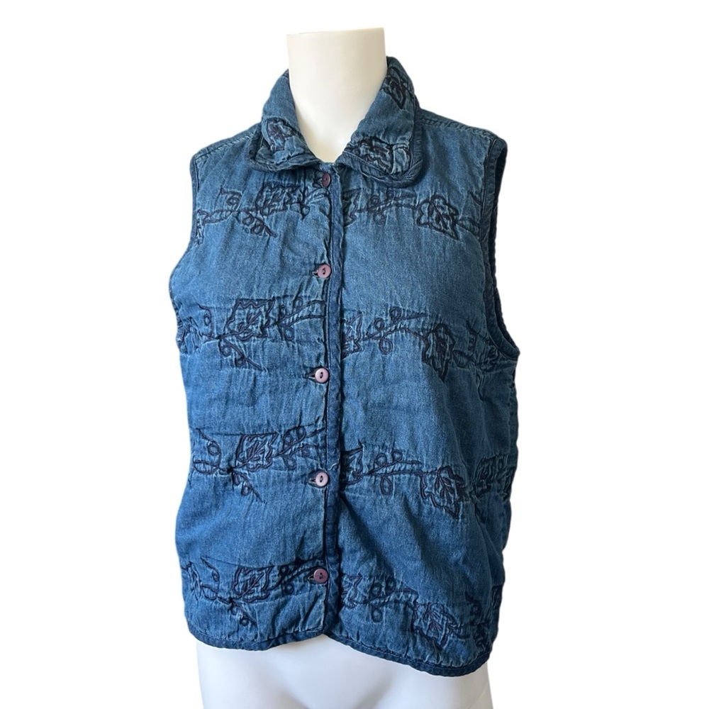 Paul Harris Blue Quilted Vest with Leaf Pattern Cotton Size Small S